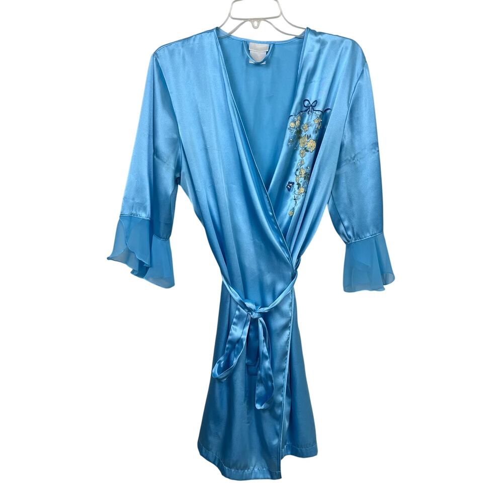 Vintage Blue Embroidered Floral Sequin Pearl Bead Robe Est Medium 80s 90s